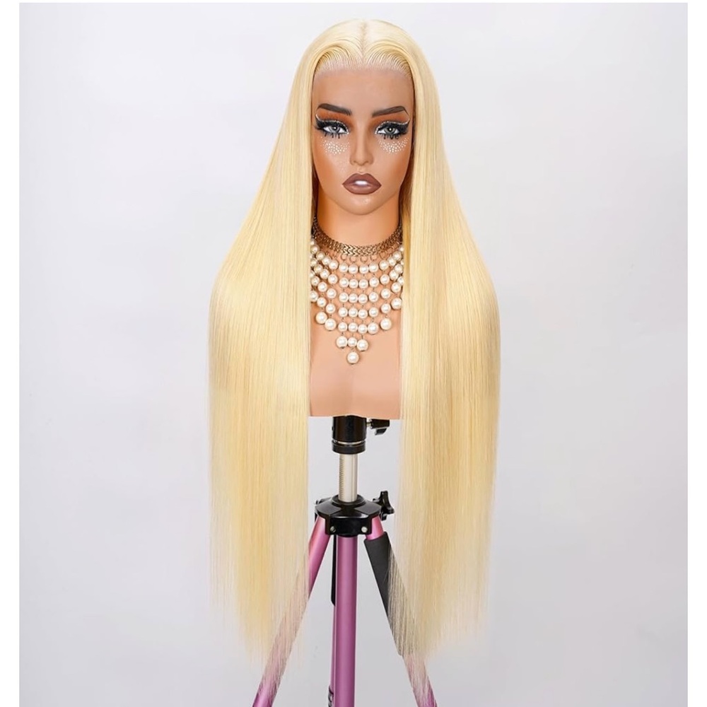 Human Hair Wig Platinum Blonde 18 inch Straight 13x6 Lace Front 250 Density